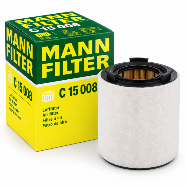 Filtro de aire motor cilíndrico MANN-FILTER C 15 008 con caja original para Seat Ibiza, Volkswagen Polo, Audi A1 y Skoda Fabia.