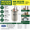 Infografía del filtro de combustible MANN WK 853/18 con medidas de 179 mm de altura, 80 mm de diámetro, conexiones de 10 mm y aplicaciones Ford Focus y Transit Connect.
