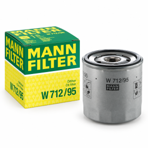 Filtro de aceite MANN-FILTER W 712/95 metálico roscado con caja original, compatible con determinadas motorizaciones TSI y TFSI de Volkswagen, Audi, Seat y Skoda.