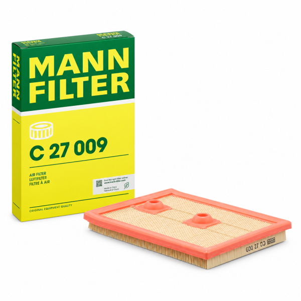 Filtro de aire MANN-FILTER C 27 009 con caja original para determinadas motorizaciones Volkswagen Golf, Audi A3, SEAT León y Skoda Octavia