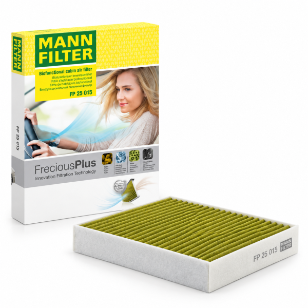 Filtro de habitáculo MANN-FILTER FP 25 015 FreciousPlus con carbón activo y embalaje original para Tesla Model 3 y Model Y.
