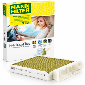 Filtro de habitáculo MANN-FILTER FP 1829 FreciousPlus con carbón activo y embalaje original, para determinadas versiones Renault Clio III y Dacia Duster.