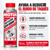 Infografía de MOTUL Valve Lifter Stop Noise 300 ml, referencia 114295: ayuda a reducir el ruido de taqués hidráulicos y refuerza la protección antidesgaste en motores gasolina y diésel. Se añade al aceite del motor; dosis de 300 ml para 5 litros.