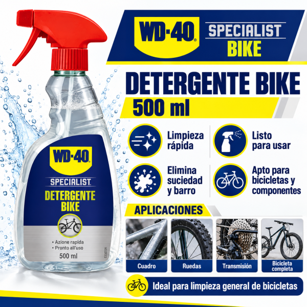 Infografía WD-40 Specialist Bike Limpiador Total 500 ml, eliminación de barro, grasa y suciedad, compatible con aluminio, carbono, plástico y goma.