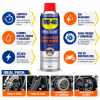 WD-40 Specialist Moto Limpia Frenos 500 ml, infografía de beneficios: elimina aceite, grasa y suciedad, seca rápidamente sin dejar residuos y limpia frenos y embragues de motocicletas.