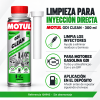 Infografía de MOTUL GDI Clean 300 ml, referencia 109995: limpieza de inyectores de gasolina de inyección directa, compatible con motores turbo y atmosféricos con o sin GPF, y aplicación en el depósito antes de repostar.