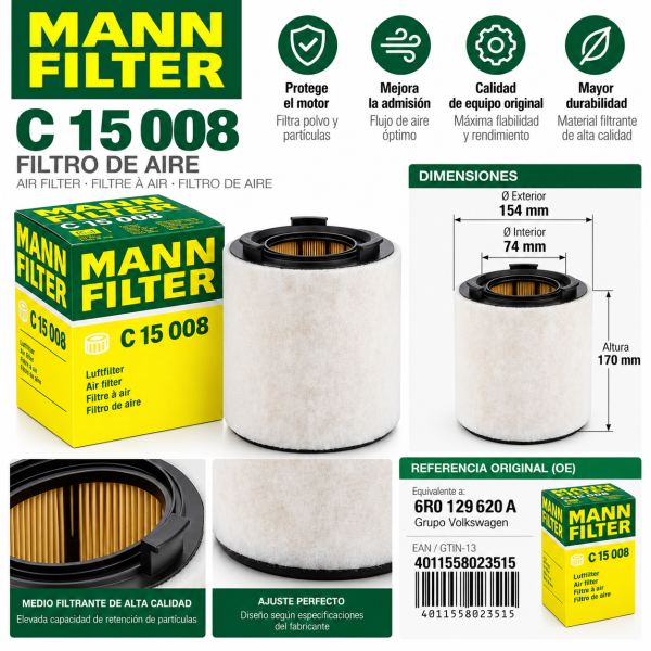 Infografía del filtro de aire MANN-FILTER C 15 008 con medidas de 154 mm de diámetro exterior, 74 mm de diámetro interior y 170 mm de altura.