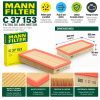 Infografía del filtro de aire MANN-FILTER C 37 153 con dimensiones 364 × 185 × 50 mm, referencia original 1J0129620 y características de filtración.