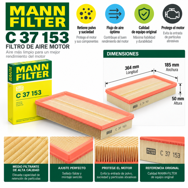 Infografía del filtro de aire MANN-FILTER C 37 153 con dimensiones 364 × 185 × 50 mm, referencia original 1J0129620 y características de filtración.