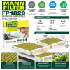Infografía del filtro de habitáculo MANN-FILTER FP 1829 FreciousPlus con filtración PM2.5, carbón activo, polifenoles y dimensiones 185 × 180 × 28 mm.