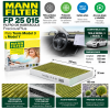 Infografía del MANN-FILTER FP 25 015 FreciousPlus para Tesla Model 3 y Model Y, con filtración PM2.5, carbón activo, polifenoles y protección frente a alérgenos.