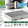 Infografía MANN-FILTER CUK 2939 con carbón activo, filtración de polen, polvo y olores, dimensiones de 288 x 215 x 34 mm y aplicaciones de vehículos