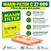 Infografía del filtro de aire MANN-FILTER C 27 009 con dimensiones 269 x 191 x 24 mm, filtración de partículas y protección del motor