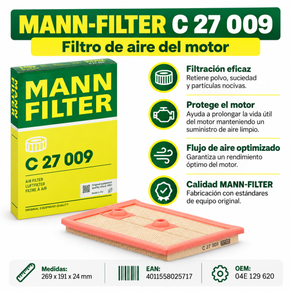 Infografía del filtro de aire MANN-FILTER C 27 009 con dimensiones 269 x 191 x 24 mm, filtración de partículas y protección del motor