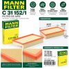 Infografía MANN-FILTER C 31 152/1, filtro de aire motor de 308 × 184 × 57 mm, referencia EAN 4011558137007 y aplicaciones Volkswagen y Audi.