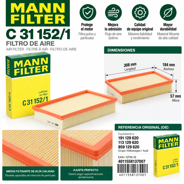 Infografía MANN-FILTER C 31 152/1, filtro de aire motor de 308 × 184 × 57 mm, referencia EAN 4011558137007 y aplicaciones Volkswagen y Audi.
