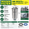 Infografía del filtro de combustible MANN WK 853/3 x con altura de 177 mm, diámetro de 80 mm, conexiones de 8 mm y protección del sistema de inyección diésel
