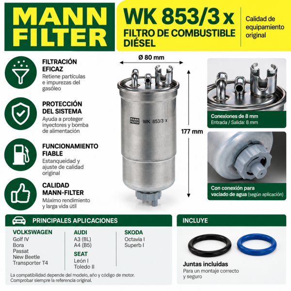 Infografía del filtro de combustible MANN WK 853/3 x con altura de 177 mm, diámetro de 80 mm, conexiones de 8 mm y protección del sistema de inyección diésel