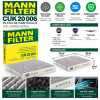 Infografía del filtro antipolen MANN-FILTER CUK 20 006 con carbón activo, dimensiones 194 × 188 × 30 mm y filtración de polvo, polen y olores.