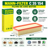 Infografía del filtro de aire MANN C 35 154 con medidas 345 x 136 x 70 mm, filtración de partículas y protección del sistema de admisión del motor
