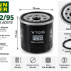 Infografía técnica del filtro de aceite MANN-FILTER W 712/95 con altura de 79 mm, diámetro de 76 mm, rosca 3/4-16 UNF-1B, válvula antirretorno y bypass de 2,5 bar. Características y medidas del filtro de aceite para motor.