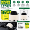 Infografía MANN-FILTER C 17 009, filtro de aire para Audi A4, A5 y Q5 2.0 TDI, con medidas 160 × 91 × 134 mm y referencia original 8K0133843L.
