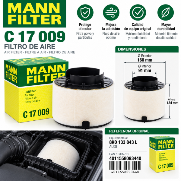 Infografía MANN-FILTER C 17 009, filtro de aire para Audi A4, A5 y Q5 2.0 TDI, con medidas 160 × 91 × 134 mm y referencia original 8K0133843L.