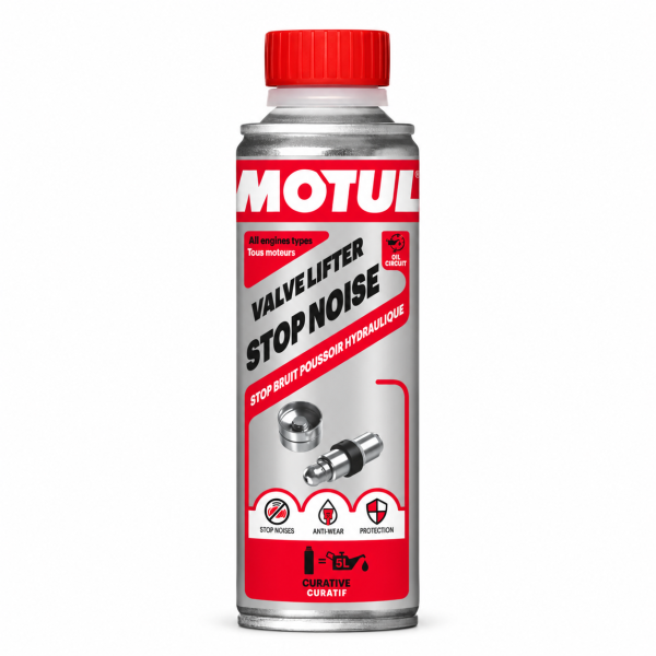 Envase de MOTUL Valve Lifter Stop Noise 300 ml, aditivo para el aceite de motor que ayuda a reducir el ruido de los taqués hidráulicos, referencia 114295.