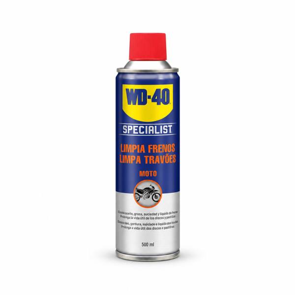 WD-40 Specialist Moto Limpiador de Frenos 500 ml en spray, desengrasante de secado rápido para discos, pinzas y componentes de freno de motocicletas.