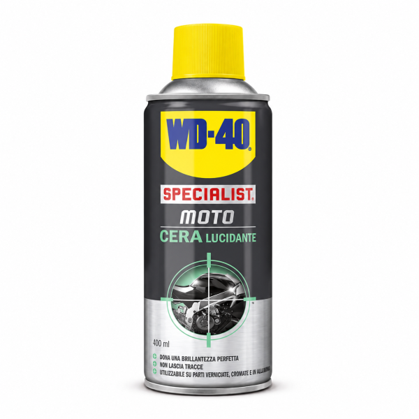 WD-40 Specialist Moto Cera y Brillo 400 ml, spray abrillantador y protector para motocicletas, con acabado brillante y protección de superficies pintadas, cromadas y de aluminio.