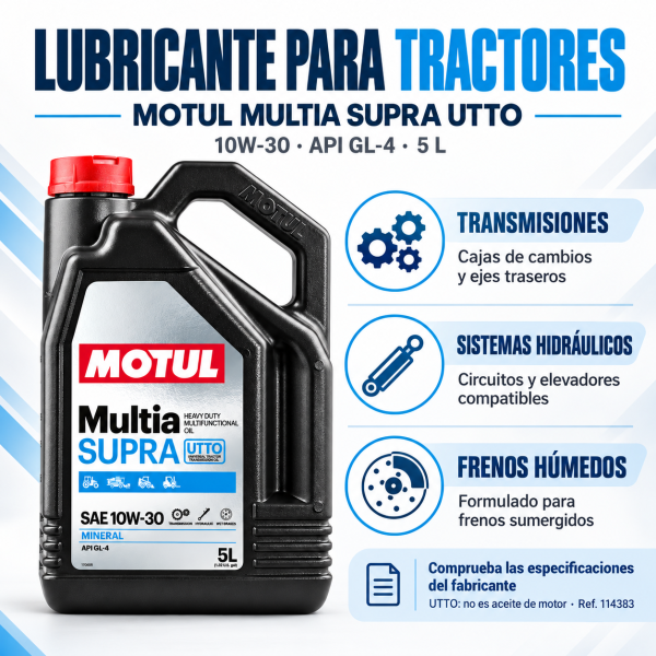 Infografía de MOTUL Multia Supra UTTO 10W-30 5L, referencia 114383, para transmisiones, sistemas hidráulicos y frenos húmedos de tractores. API GL-4. No es aceite de motor.
