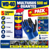 Pack promocional WD-40 Multiusos 500 ml con guantes de trabajo, infografía con las cinco funciones del producto: lubrica, desbloquea, protege, desplaza la humedad y limpia, además de sistema de doble acción y aplicaciones en automóvil, moto, hogar y taller.