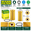 Infografía del filtro de aceite MANN-FILTER HU 726/2 x con altura de 153 mm, diámetro exterior de 64 mm, diámetros interiores de 25 y 17 mm y junta incluida. MANN-FILTER HU 726/2 x – Filtro de Aceite para VW Golf IV, Seat León I, Audi A3 y Skoda Octavia I – Motores 1.9 TDI